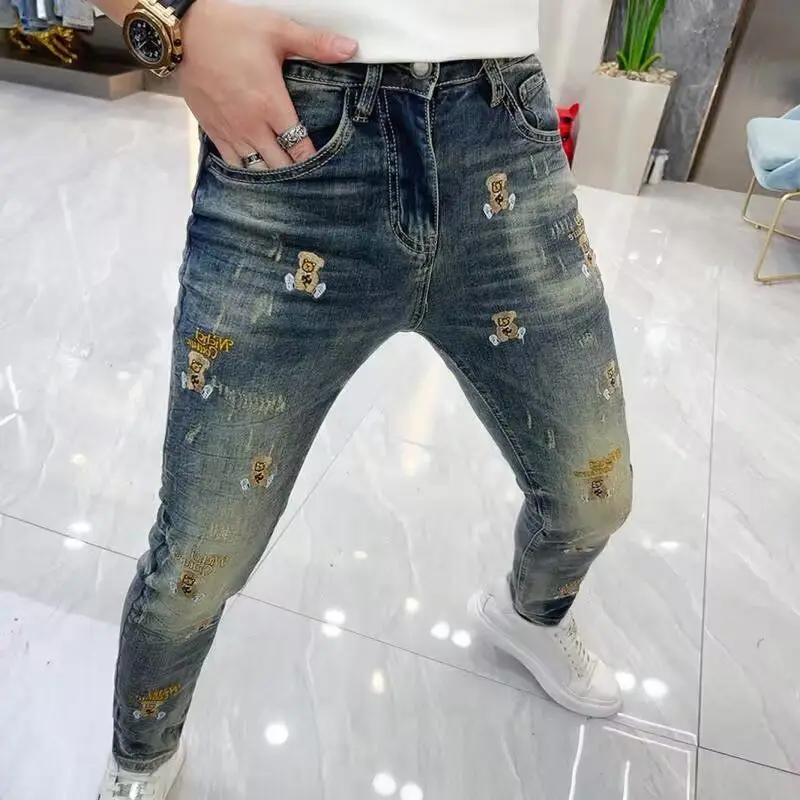 

Men's Slim Fit Denim Jeans High Waist Long Pants Tear Sle Nine Points Elastic Casual Faionable Summer New Arrival