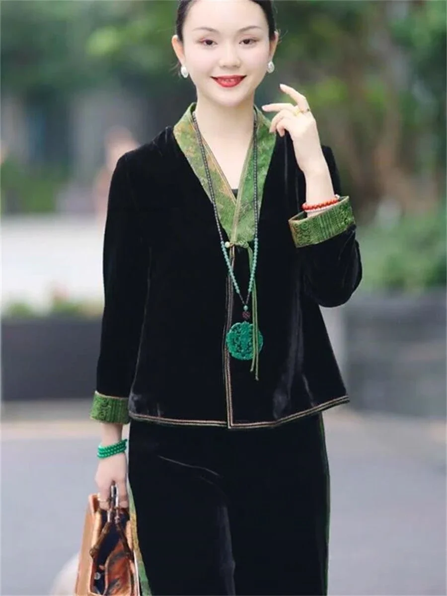 

Осеннее новое китайское стильное национальное ветер 2023, новое восточное короткое пальто, бархатное женское бархатное пальто Хан, одежда с вышивкой, блузка