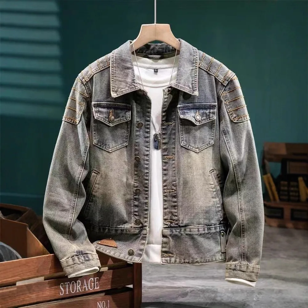 

2026 Men's Autumn American Vintage, Washed High Street, Motorcycle, Embroidered Denim Jacket