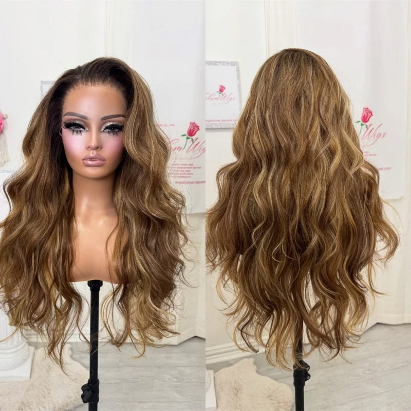 

Верхний бесклеевой парик Ombre Каштаново-коричневый балаяж HD Синтетический парик фронта шнурка Высококачественный парик для белых черных женщин Легко носить