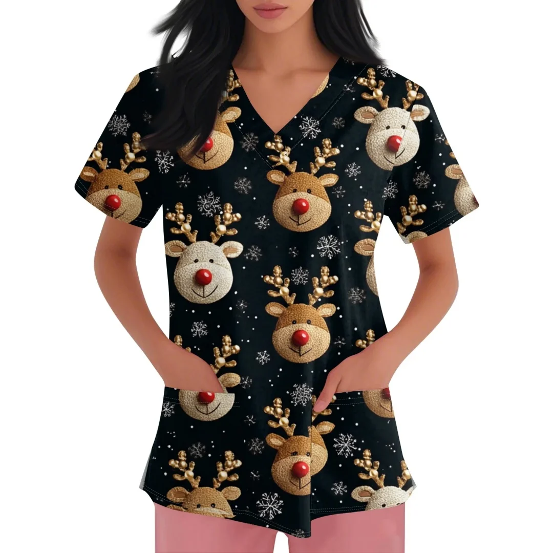 Uniforme clínico mulher rena papai noel impressão natal com decote em v esfrega mulher moda manga curta uniformes cirúrgicos mulher topo