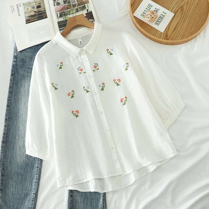 Spring Summer Double Cotton Half Sleeve Blusa Tops Women Clothes White Color Floral Embroidered Loose Soft Shirts & Blouses U347