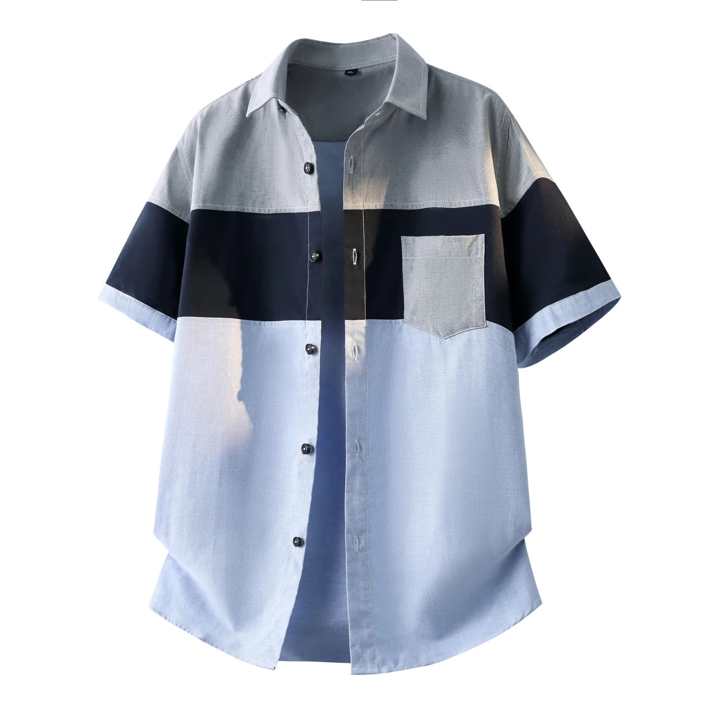 Men Color Block Patchwork Short Sleeve Shirt Non Iron Anti Wrinkle Casual Loose Blouse Summer Breathable Streetwear Fashion Tops