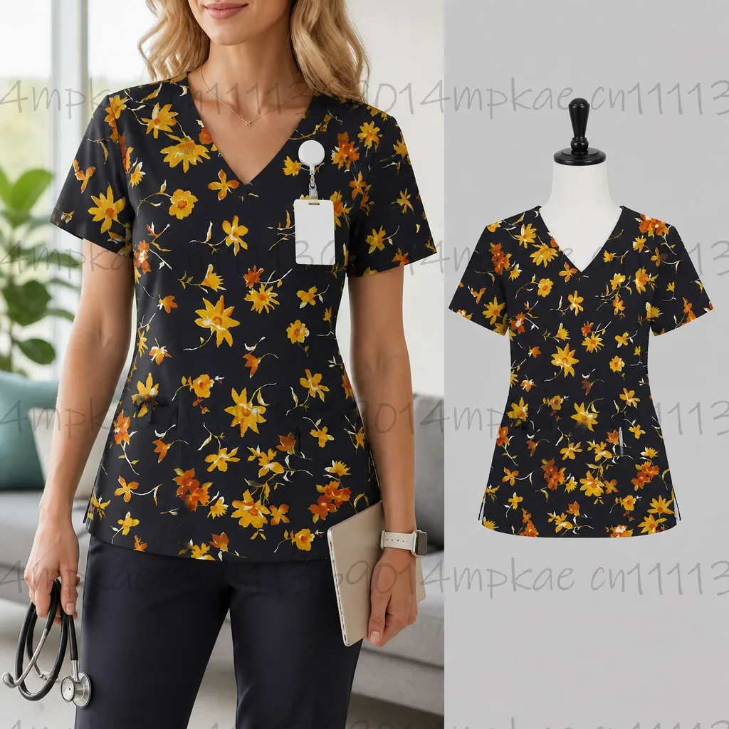 Women's Work Clothing Floral Print Nurse V-Neck Pocket Frosted Top Women's Medical Nursing Gown Accessories Uniform view 4