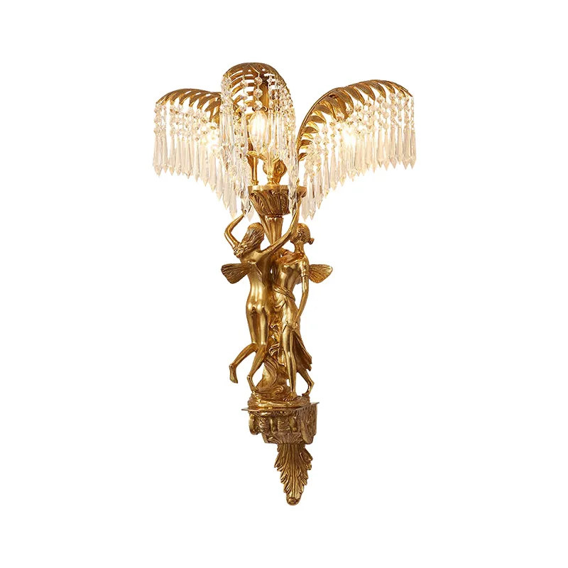 all-copper wall lamp European retro, luxury pastoral staircase aisle lamp villa living room background wall decorative lamp
