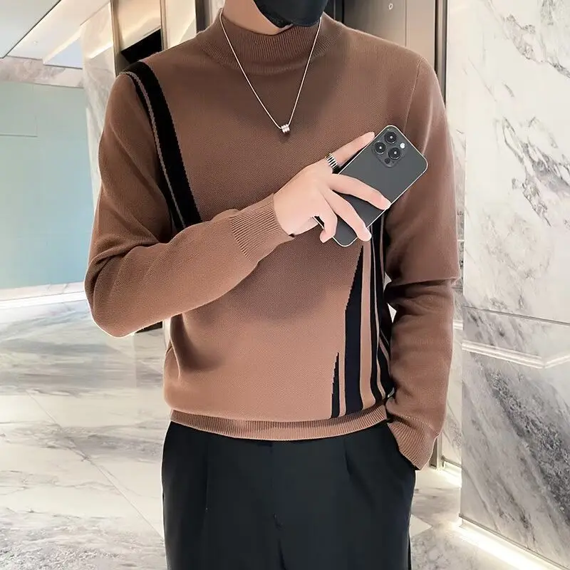 

Slim Striped Spliced Sweaters Men's Contrasting Colors Autumn Winter Casual Half High Collar Basic Long Sleeve Knitted Pullovers