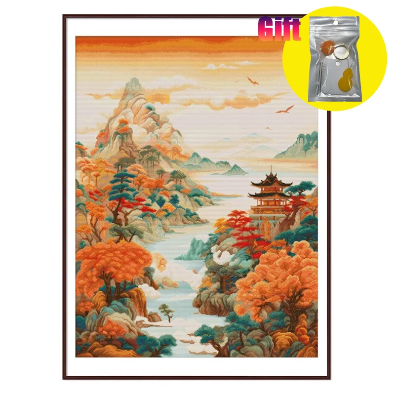 Cross Stitch Kit for Embroidery, Needle and Line, Ancient Chinese Pavilion, Stamped Cross-Stitch Kits, Adult Crafts