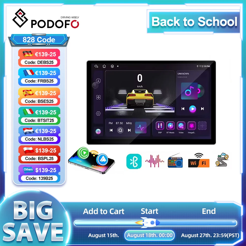 Hikity 2K Touch Screen 13.1 Android 8coreCar Lettore multimediale Navigazione GPS BT Carplay Android auto DSP FM Audio WIFI 4G