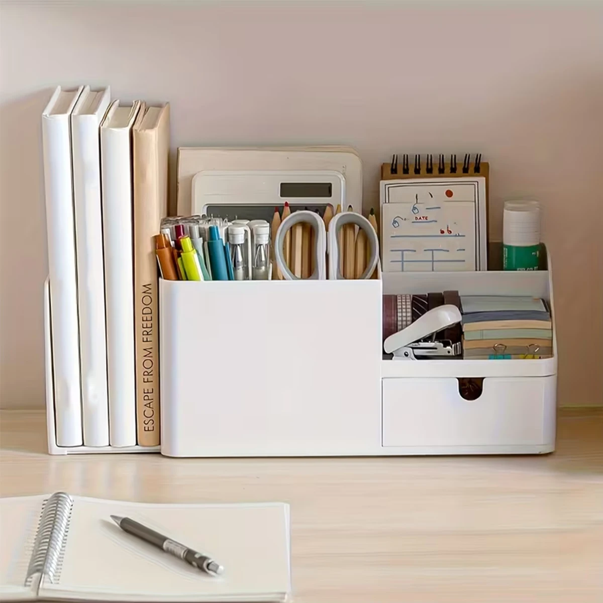 Minimalist Desk Caddy with Expandable File Sorter & Drawer, Multi-Purpose Organizer for Home & Office