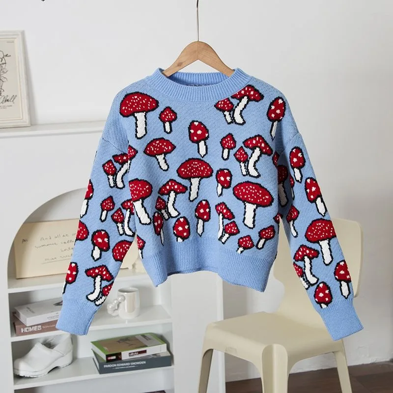 Super Cute Red Mushroom Blue Jacquard Sweater American Hot Girl Short Knit Pullover High Quality Winter Warm Y2K TOP Sweet Women