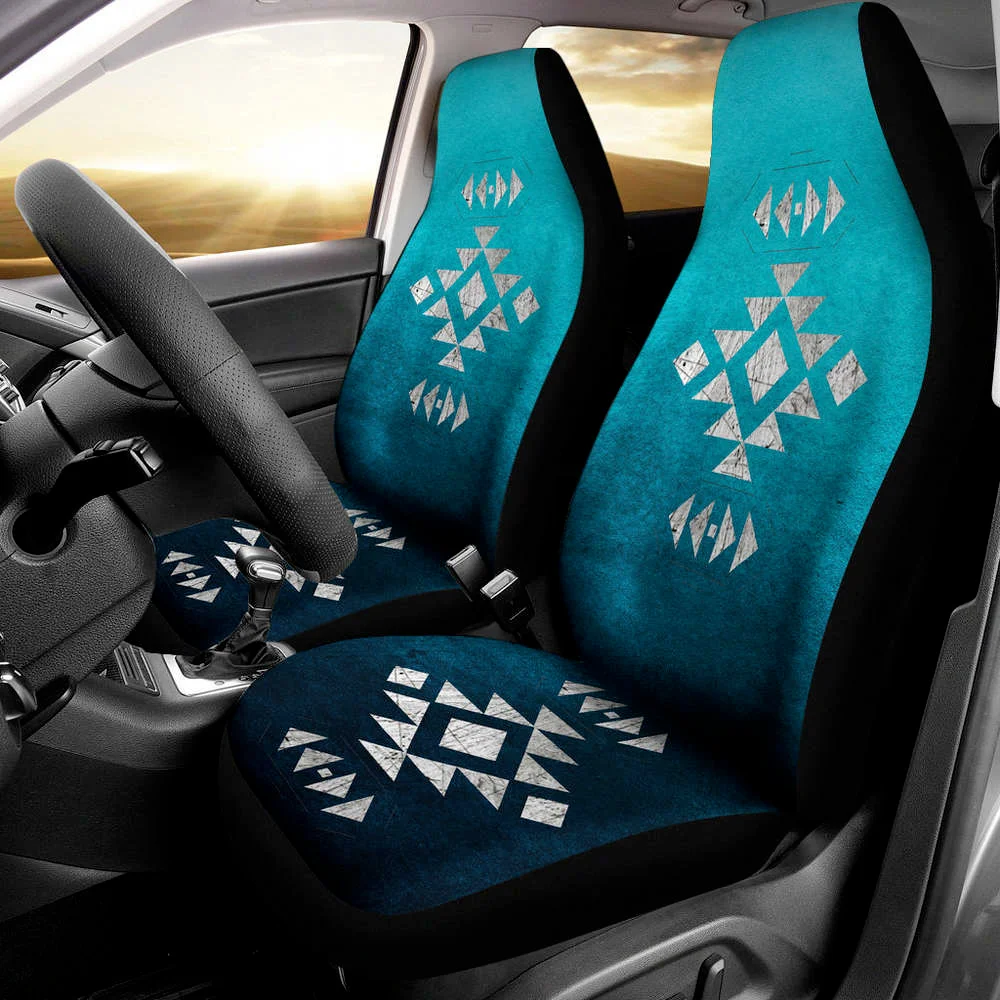 Teal Ombre With Tribal Ethnic Design Car Seat CO\overs Set,Pack of 2 Universal Front Seat Protective Cover