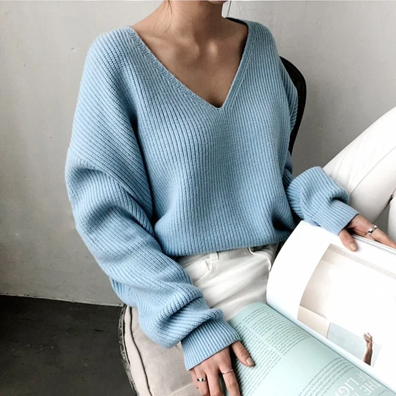 Fashion Korean Knitted Solid Women Sweater Elegant V-Neck Tops Casual Loose White Pullover Autumn Winter Clothes Pull Femme 7290