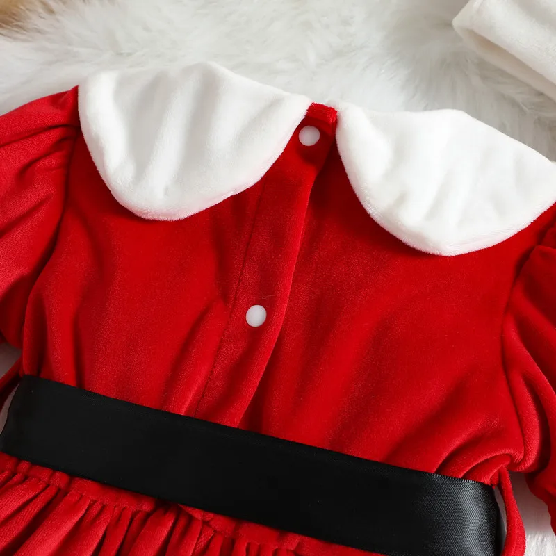 6 Months to 4 Years Christmas Toddler Girls A-line Dress Red Short Sleeve Doll Collar Dress with Belt & Hat