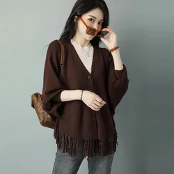Fringed Bat Shirt Knit Cardigan Women Fashion Loose Coat 2025Spring Autumn New Short Jacket Foreign Sweater Outerwear Female Top