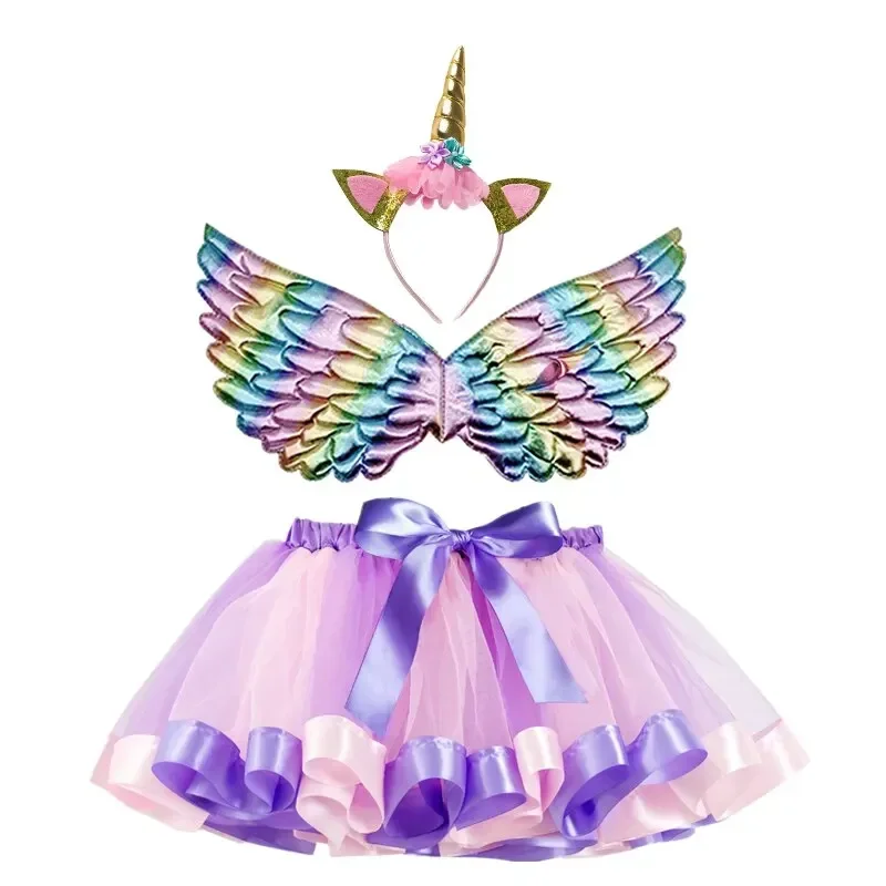 Girl Unicorn Birthday Party Skirts Baby Girls Rainbow Tulle Skirts+Wing+Unicorn Headband Miniskirt Sets Princess Cosplay Costume