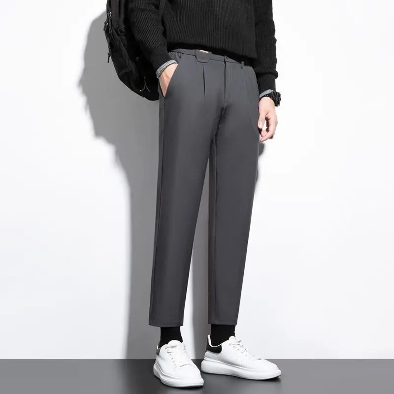 Men's Autumn Spring New Slim Fit Business Dress Pants Premium Drape Ankle-Length Tapered Casual Trousers