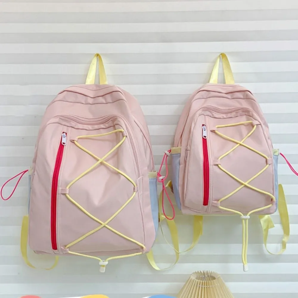 Multi-pockets Drawstring Backpack Solid Color Large Capacity Student School Bag Cloth Dopamine Travel Rucksack