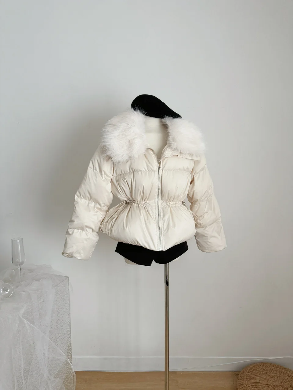 Dames herfst winter elegante nepbontkraag witte eend donsjack dame dikke warme lange mouwen trekkoord taille dons uitloper