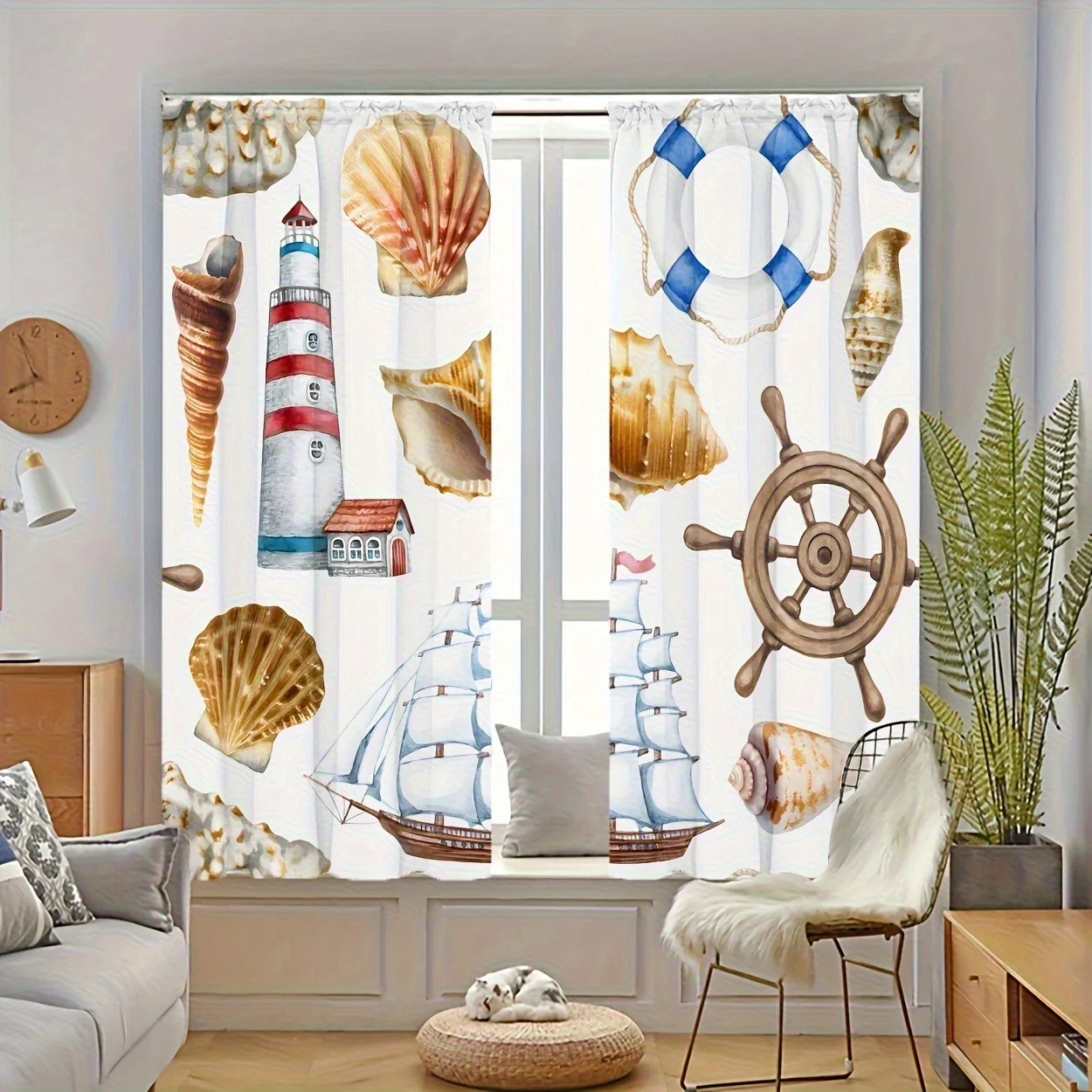 Nautical Coastal Seashell Lighthouse Curtains Beach Theme Window Drapes Ocean Style Sailing Ship Panels for Bedroom Bathroom