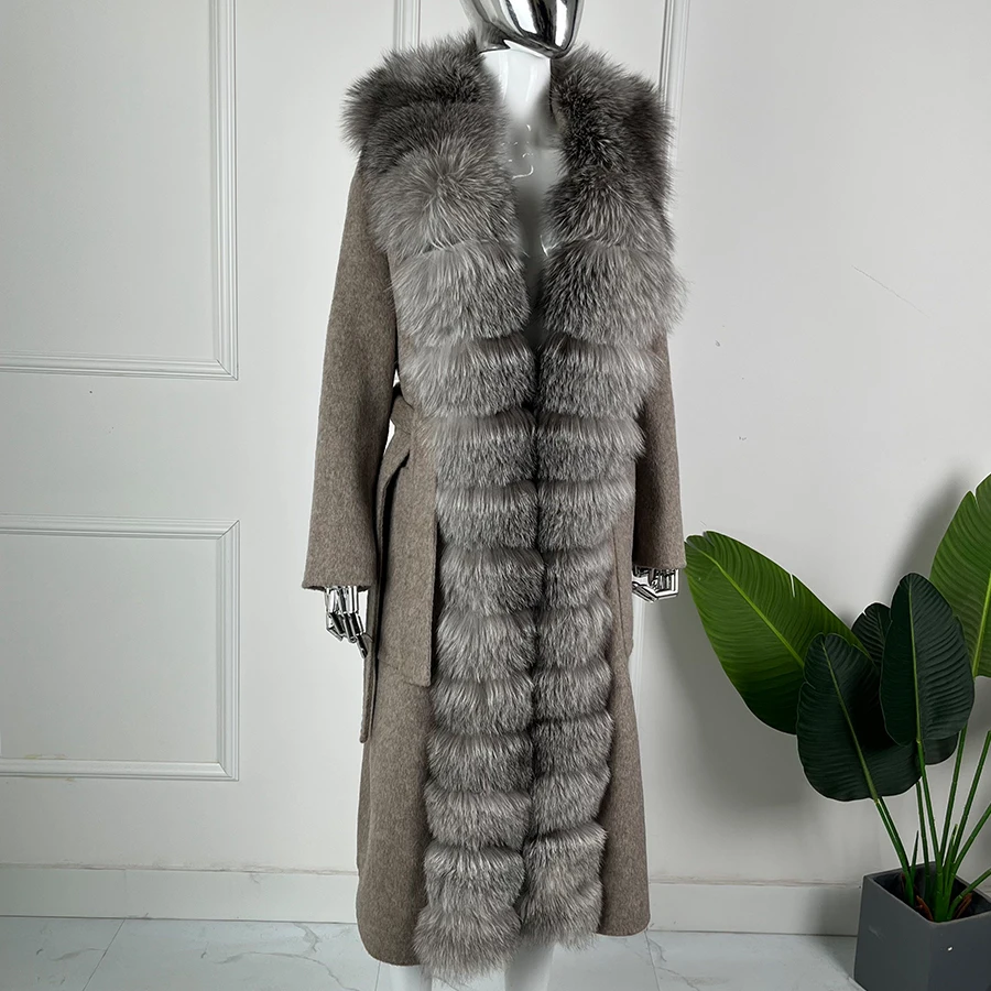 Wełniane płaszcze damskie Długie wełniane kurtki z prawdziwym futrem z lisa srebrnego Zimowy ciepły luksusowy płaszcz kaszmirowy damski