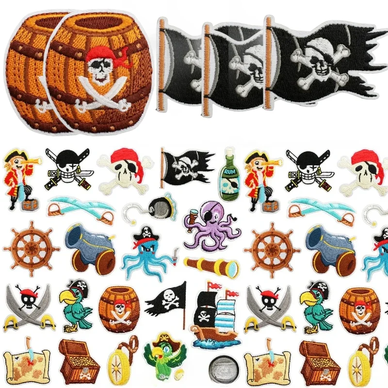 Etiqueta bordada de mapa del tesoro para decoración de equipos, pegatina de tela bordada de barco pirata de dibujos animados, termoadhesivo de telescopio infantil