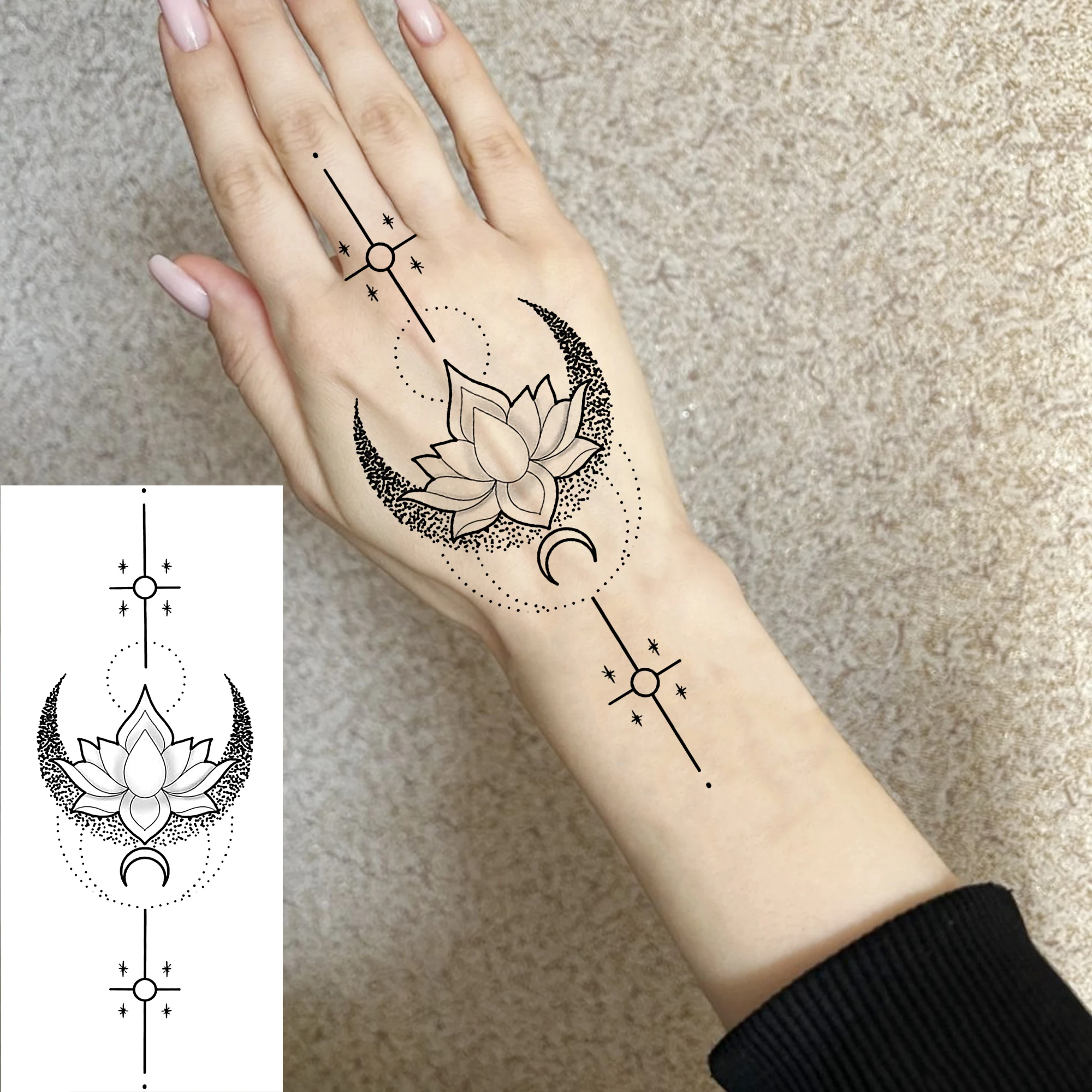1 Sheet Lotus Phoenix Chain Crescent Temporary Tattoos For Women Hand Neck, Long Lasting Waterproof Realistic Fake Tatoo Sticker