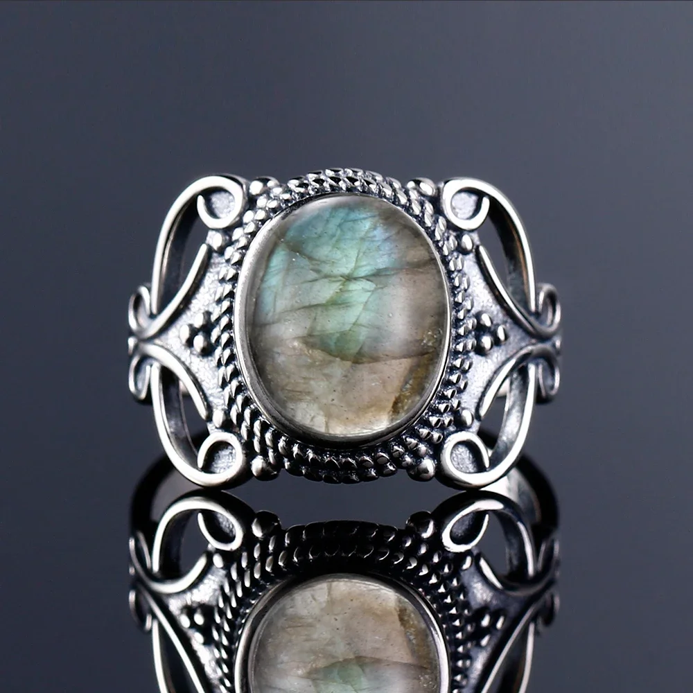 Silver Ring for Women Oval Round Natural Labradorite Ring Gift Sun Shaped Retro Luxury Fine Jewelry