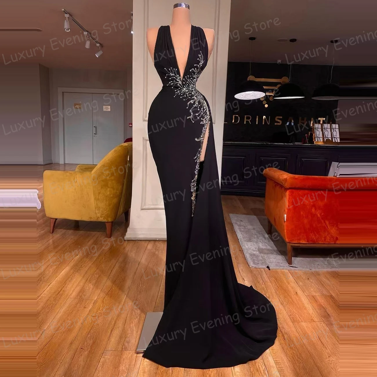 Glisten Appliques Evening Dresses Deep V Neck Mermaid Sexy Sleeveless High Side Split Satin Prom Gowns Fashion Vestido De Fiesta image 2