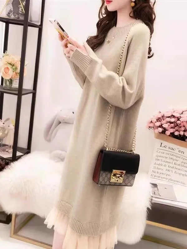 Fleece Lined Thick Long over Knee Knitted Dress Women Loose Outerwear Autumn Winter Coat Match Student Knitted Base Skirt