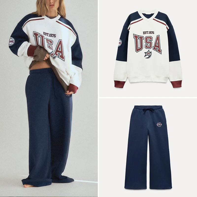 

2024 Winter Women's College Style Printed Pants And Hoodie Set Long Sleeve Long Pants Casual Sportswear Zadata Brand