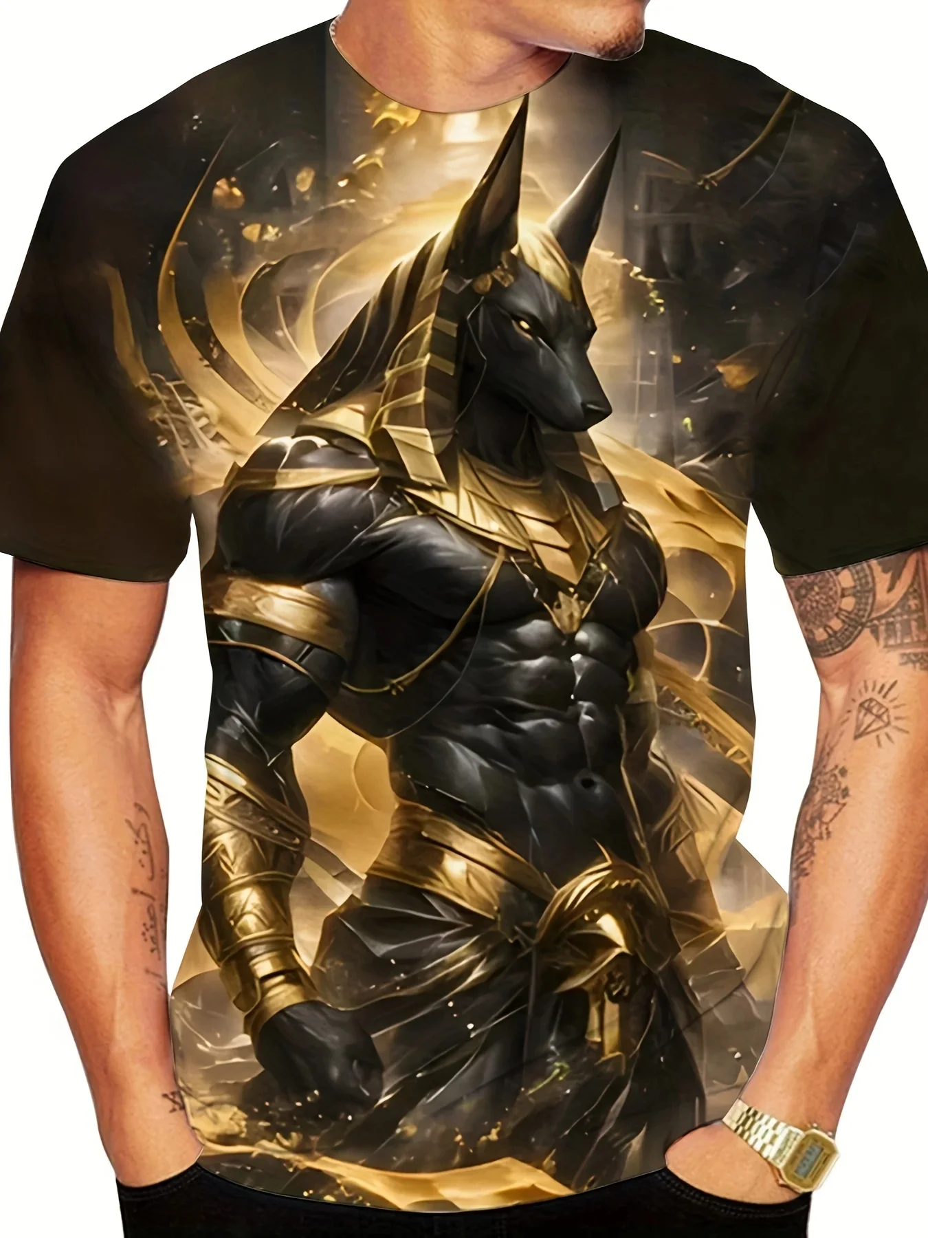 Men's 3D Egyptian Anubis God Black Gold Print T-Shirt Crew Neck Short Sleeve Mythology Casual Daily Tee Top