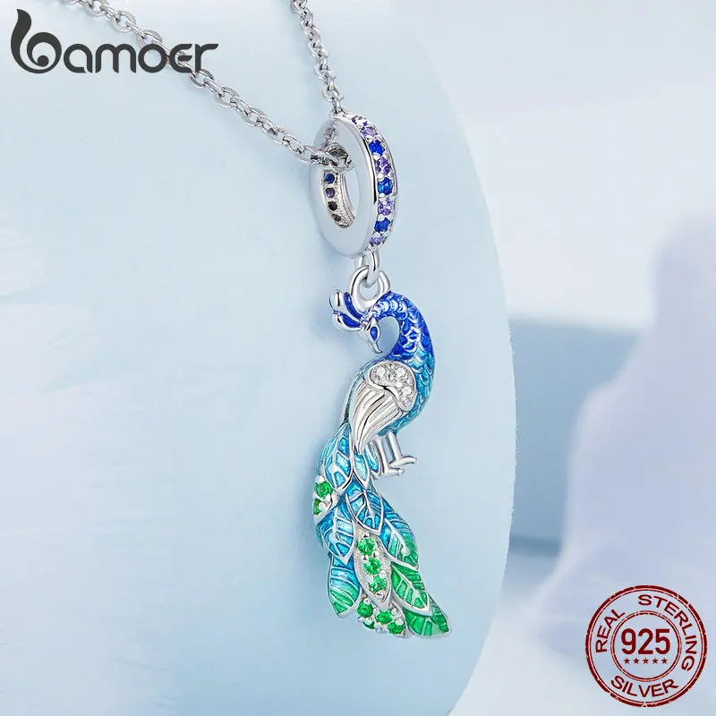 Bamoer 925 Sterling Silver Gradual Blue Peacock Hanging Beads Delicate Animal Pendant Charms for Women Birthday Gift BSC696