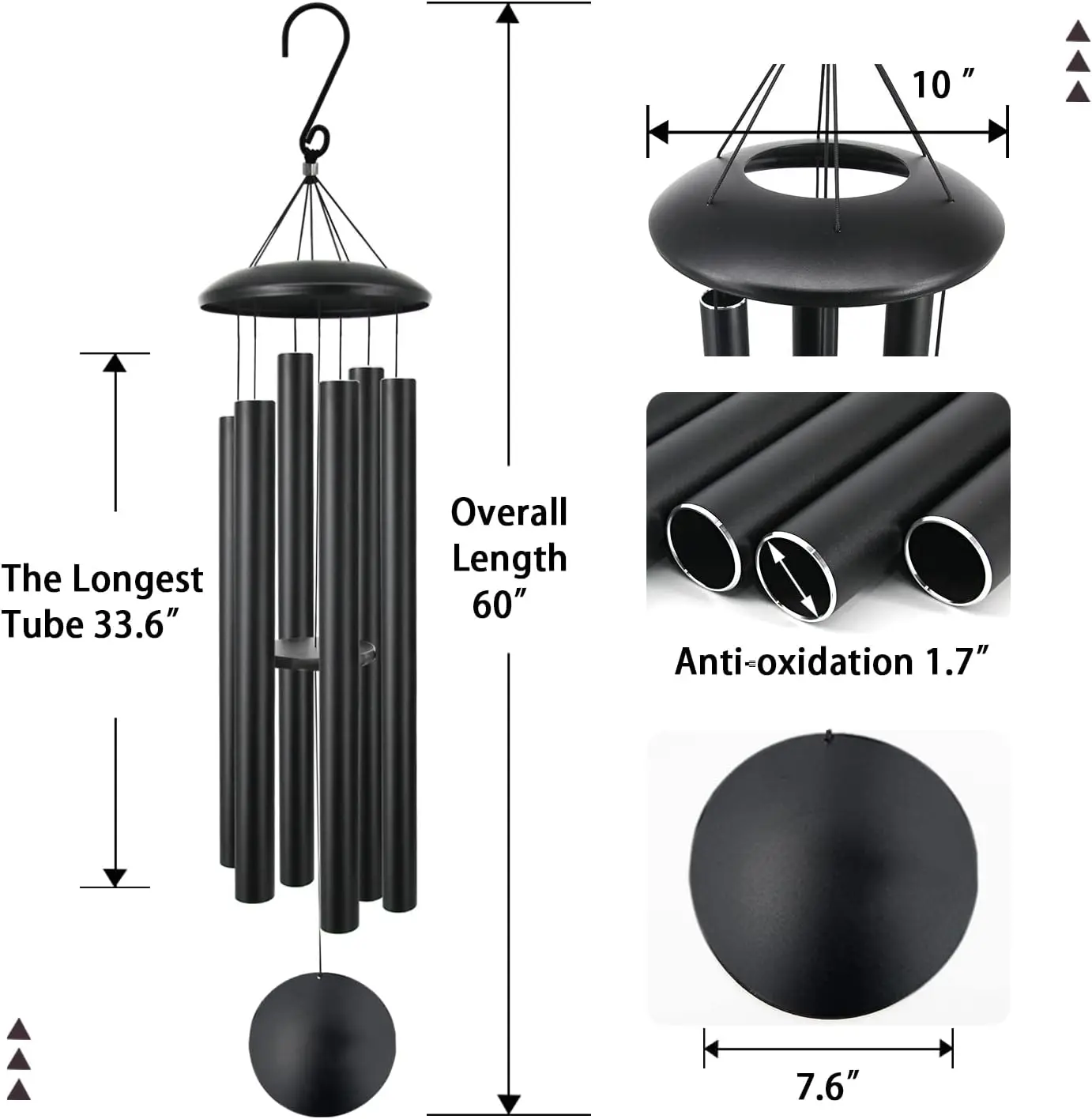 60 Inch Extra Large Black Metal Deep Tone Bass Wind Chimes Outdoor Patio Balcony Garden Yard Decoration