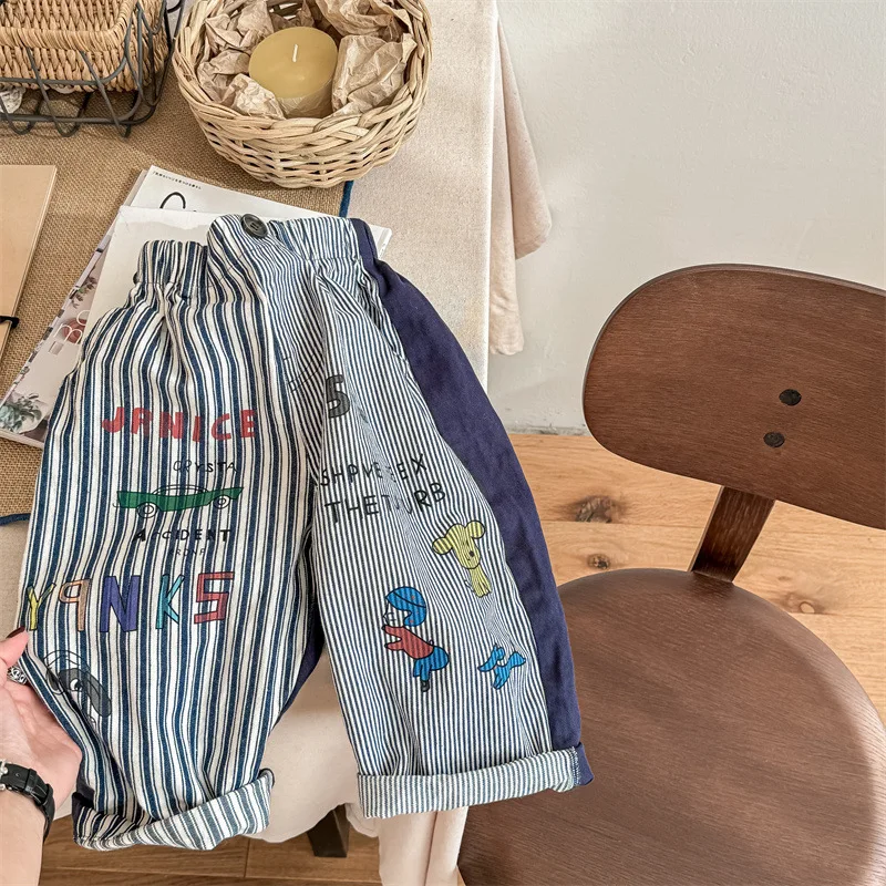 2024 Autumn Children Clothes Girl Boy Cartoon Print Haren Pants Loose Kid Striped Casual Pants Retro Baby Letter Cotton Trousers