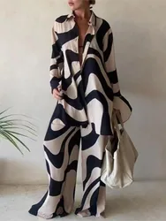 Conjunto de ternos de duas peças estampados com lapela manga comprida feminina, calças de praia elegantes, pernas largas soltas, moda casual outono