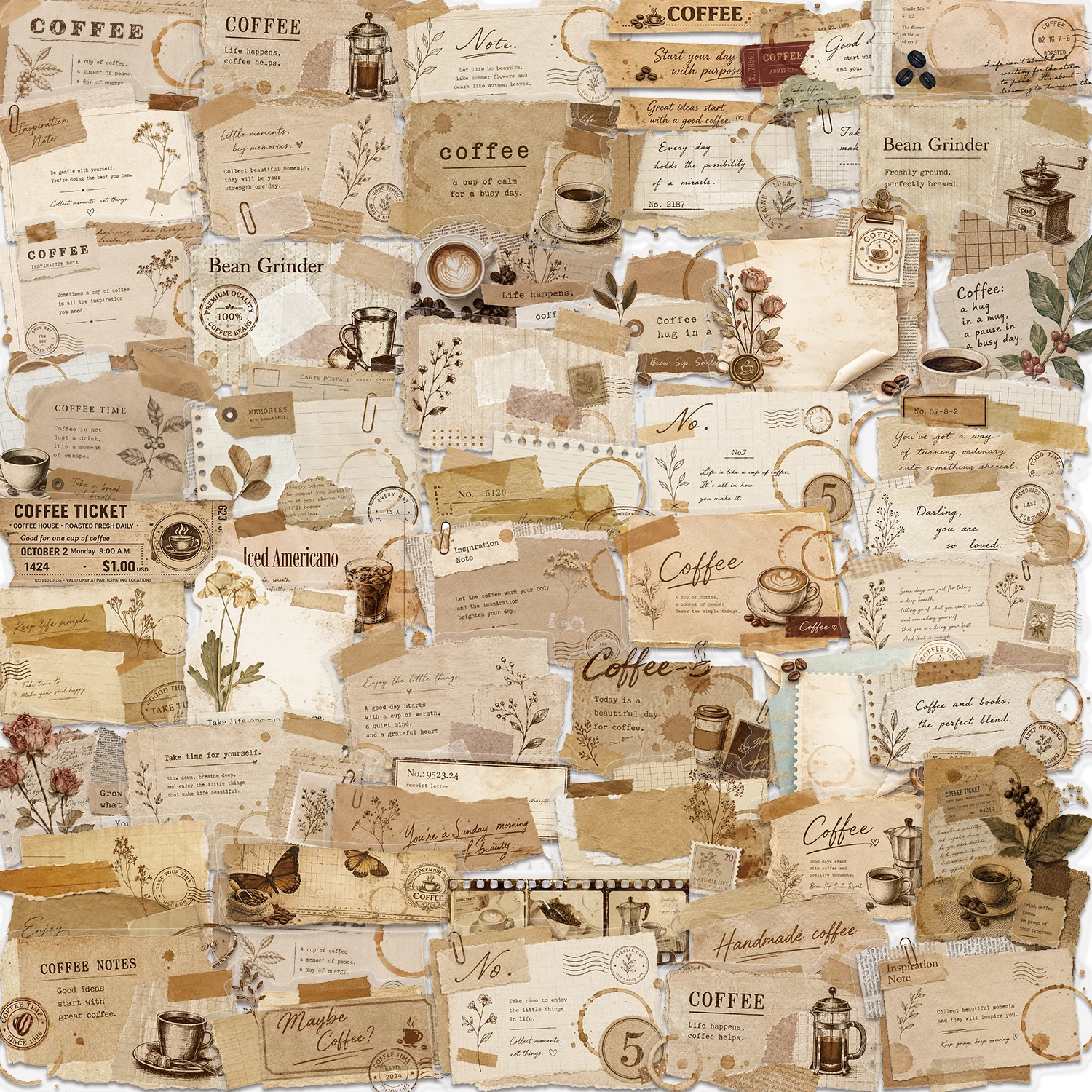 50pcs Retro Coffee Journal PET Graffiti Stickers Suitable for Decorative Phone Water Cup Guitar Creative Waterproof Gift Decal