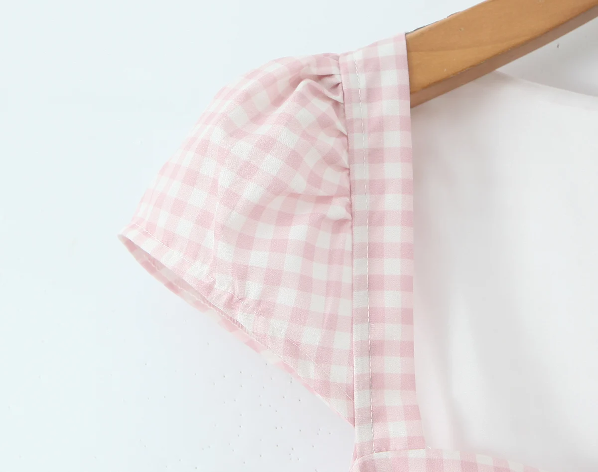 Zoete Roze Plaid Voorste Knop Korte Bladerdeeg Mouw Midi Jurk Vrouwen Boog Sjerpen Lage Taille Ruches A-lijn Swing Lange Jurken vestidos