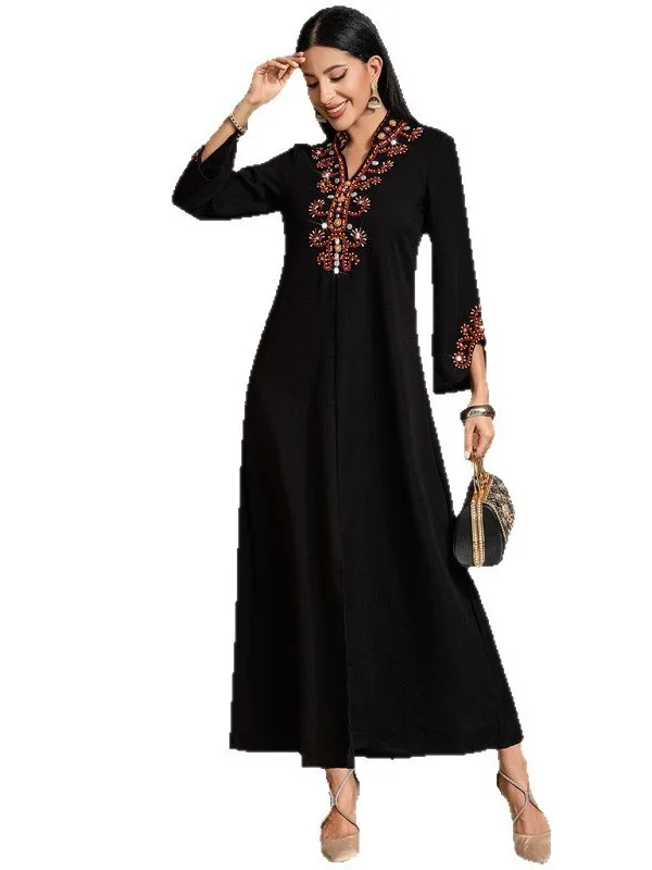 엘레 블라 비즈 장식 브이넥 미디 드레스 빈티지 스타일 휴가복 중동 여성 패션 3/4 길이 A라인 드레스