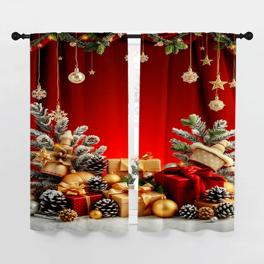 2PCS Christmas Winter Curtains, Red Gold Ornament Gift Pine, Digital Print, Bedroom Living Room, Home Decor Window Drapes