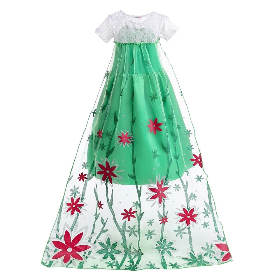 Elsa Green Dress for Kids Girl Princess  Costume Dresses  Children Long Cloak Floral Lace Ball Gown Summer