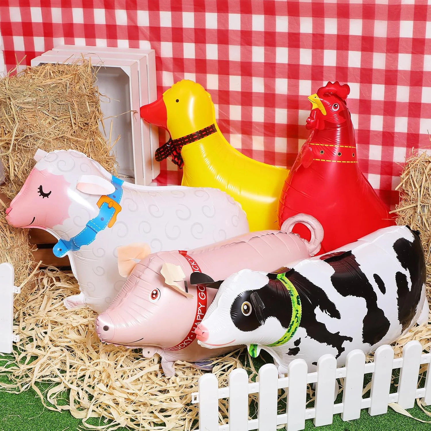 Farm Animal Helium Balloons - Cow Chicken Sheep Pig Duck with Raffia Grass for Birthday Party Decorations view 2