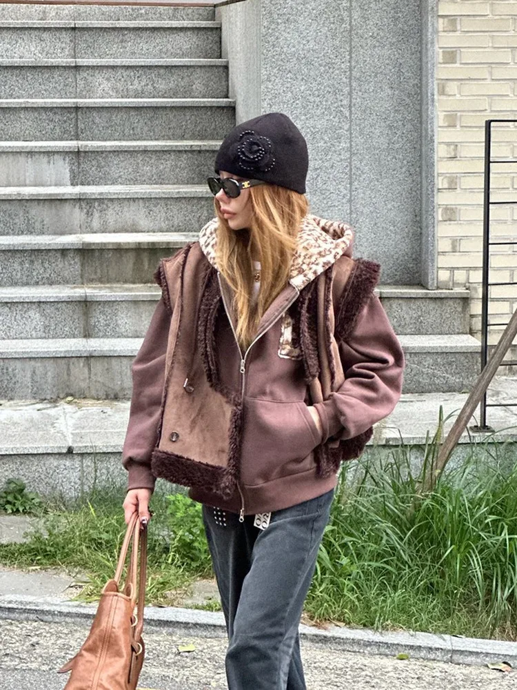 Jaet à capuche imprimé léopard rétro pour femme, manteau décontracté avec fermeture éclair, Patchwork avec lettrage, vêtements d'extérieur d'hiver