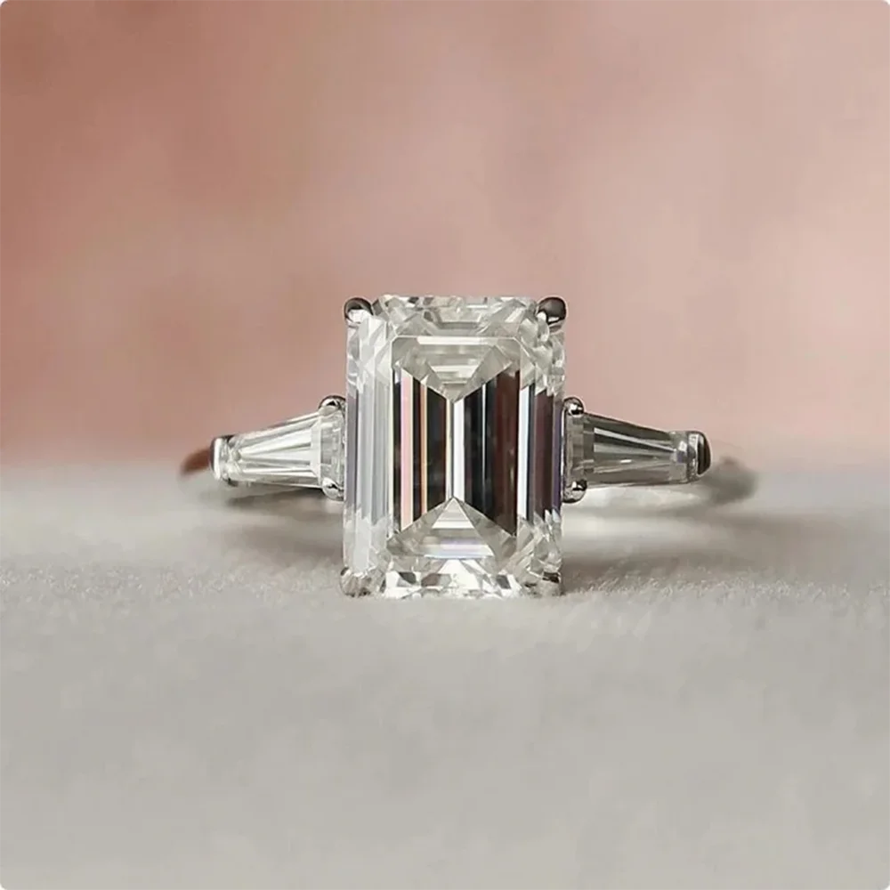 Three Stone Ring 2CT Emerald Cut Moissanite Engagement Ring Side Tapered Baguette Cut Rings For Her 925 Sterling Silver Gifts