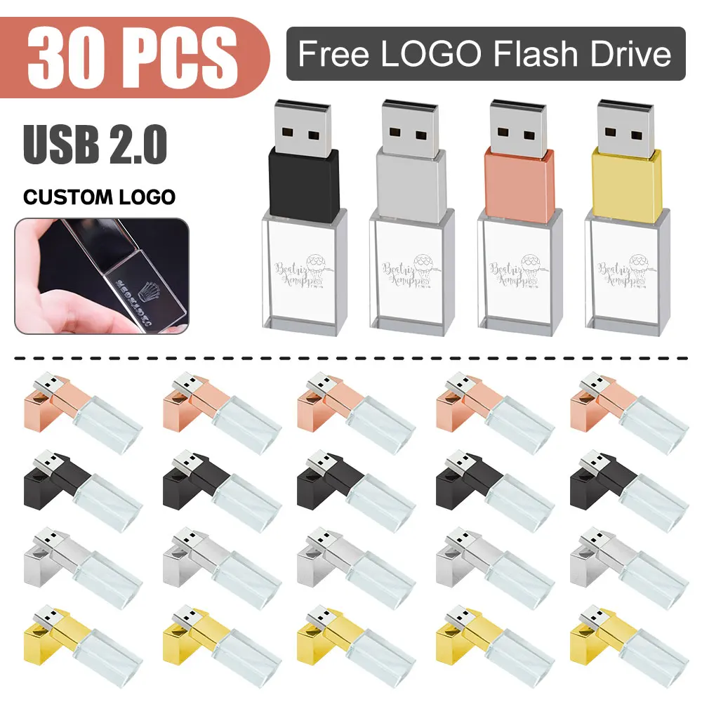 Unidad Flash USB 2,0 con logotipo chapado en oro personalizado gratis, caja blanca con cristal dorado, 4GB, 8GB, 16GB, 32GB, 64GB, 128GB, 30 unidades por lote