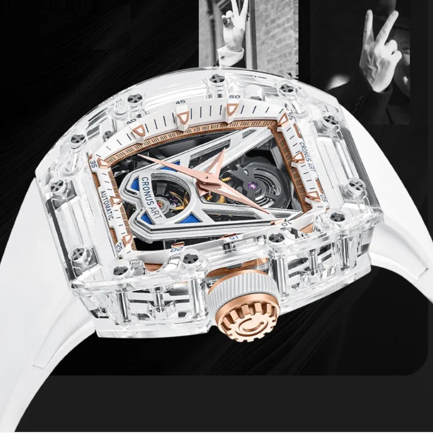 CRONUSART Men Automatic Watch 50mm Acrylic Tonneau Case Mechanical Wristwatch Luminous Fluororubber Strap Skeleton Victory Dial