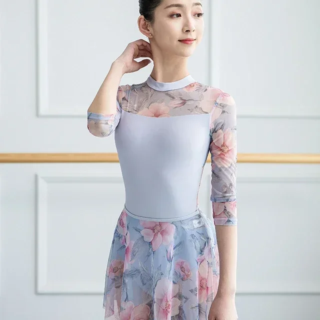 Printed Gymnastic Female Adult Basic Leotard for Girls 3/4 Sleeve Dance Wear Professional Ballet Training Dress