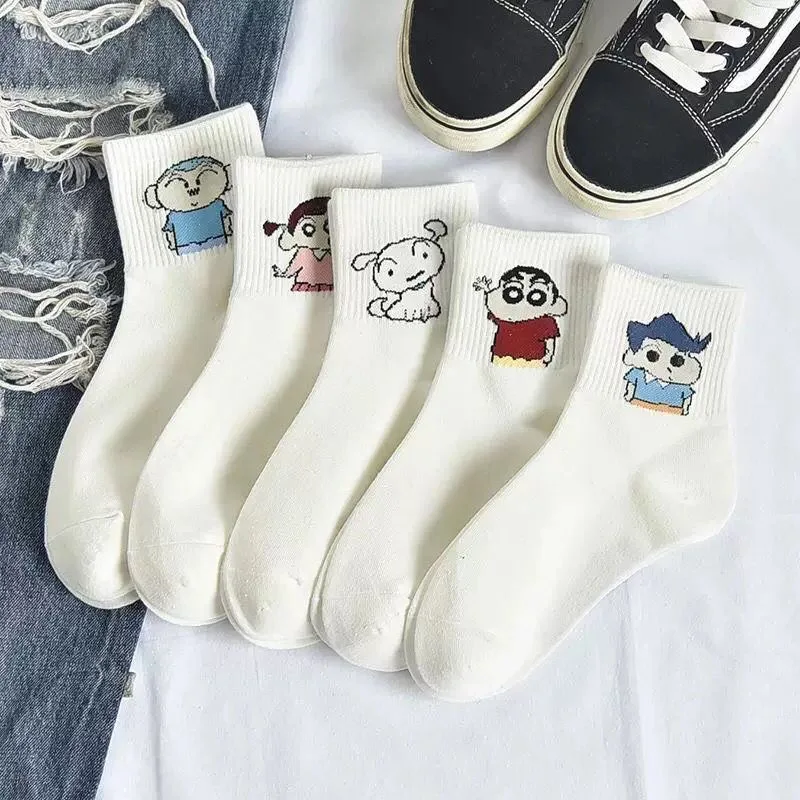 1/3/5Pairs Crayon Shin-chan Socks White Cotton Cartoon Anime Kawaii Harajuku Funny Novelty Mid Calf Skate Socks Unisex Women Men