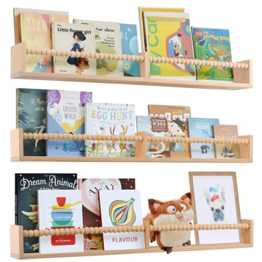

Nursery Book Shelves for Rooms - 32 Inches Floating Wall Bookshelves Set of 3, Space-Saving Nursery Shelves with Beads Design f