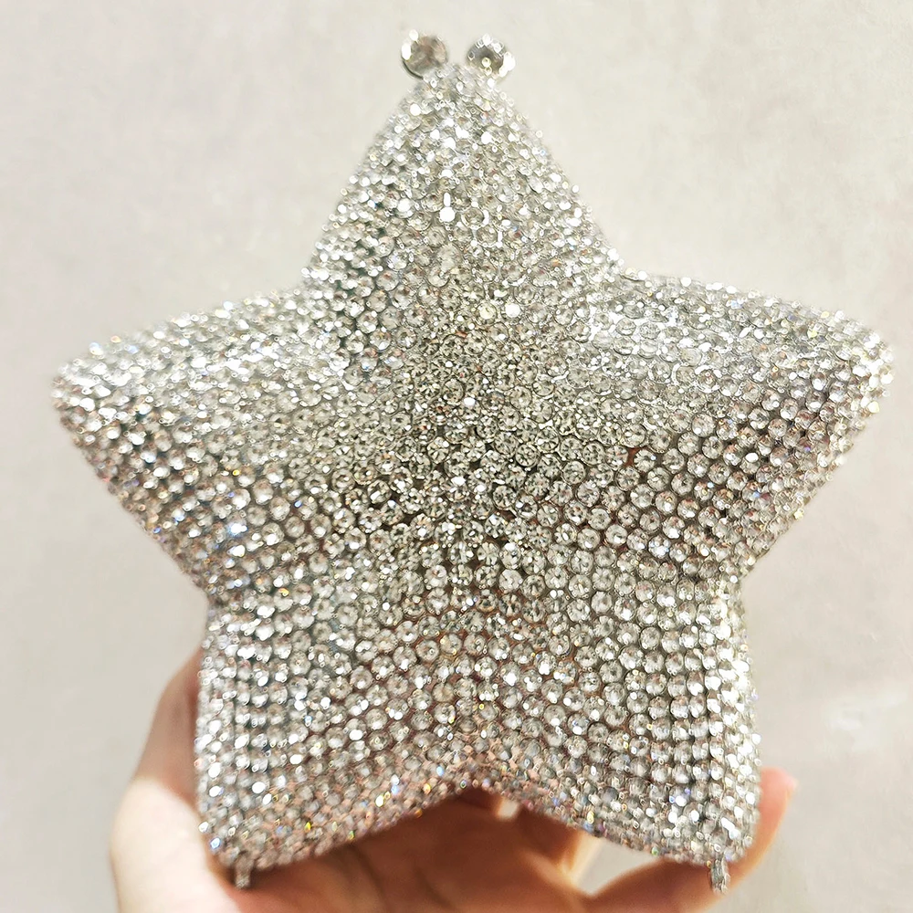 

2024 Silver Star Shaped Diamond Evening Bags Crystal Women Wedding Party Purses Five-Angled Star Clutch Rhinestone Bag Purses