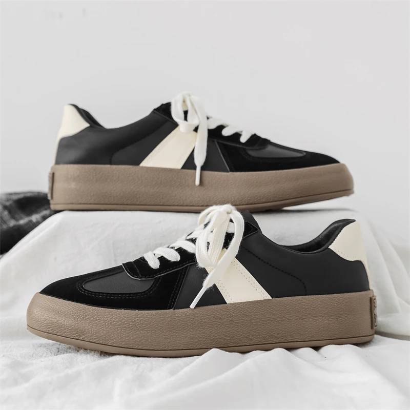 

Four Seasons Leather Black Sneakers Men Thick Soled German Training Shoes Male Tennis Skateboard Fashion Casual Board Shoes Men